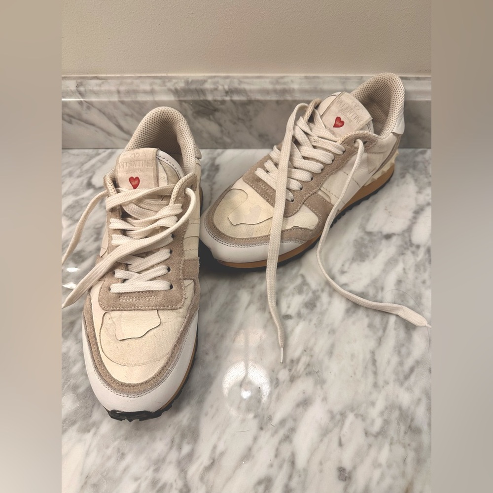 Valentino Garavani White L'Amour Rockrunner Leather and Suede Low-Top Sneakers